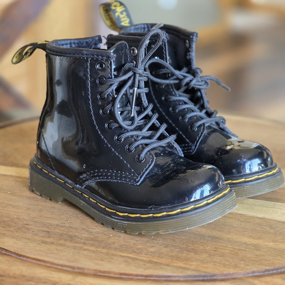 Dr. Martens Black Patent Leather Lace-Up Ankle Boots with Yellow Stitching